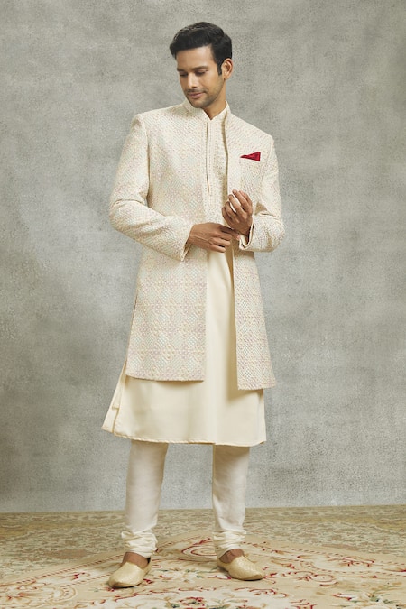 Aariyana Couture Cream Silk Mirrors, Embroidery Mughal Flora Art Sherwani And Kurta Set at Aza Fashions Aariyana Couture_Cream Silk Mirrors, Embroidery Mughal Flora Art Sherwani And Kurta Set _at_Aza_Fashions