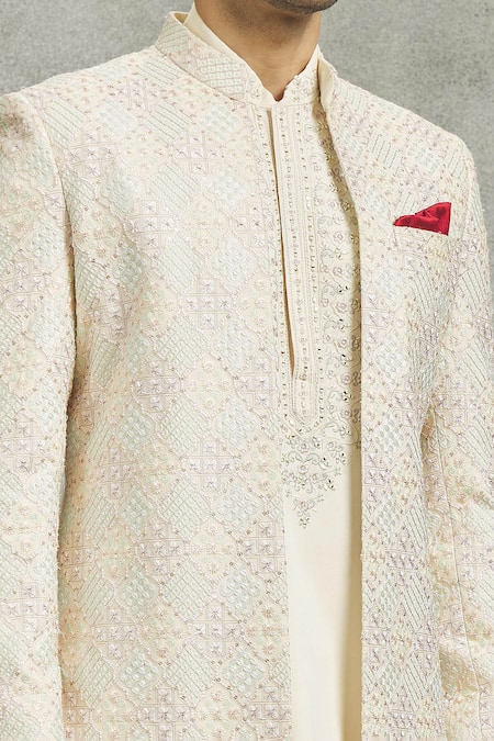 Buy Aariyana Couture Cream Silk Mirrors, Embroidery Mughal Flora Art Sherwani And Kurta Set Buy_Aariyana Couture_Cream Silk Mirrors, Embroidery Mughal Flora Art Sherwani And Kurta Set