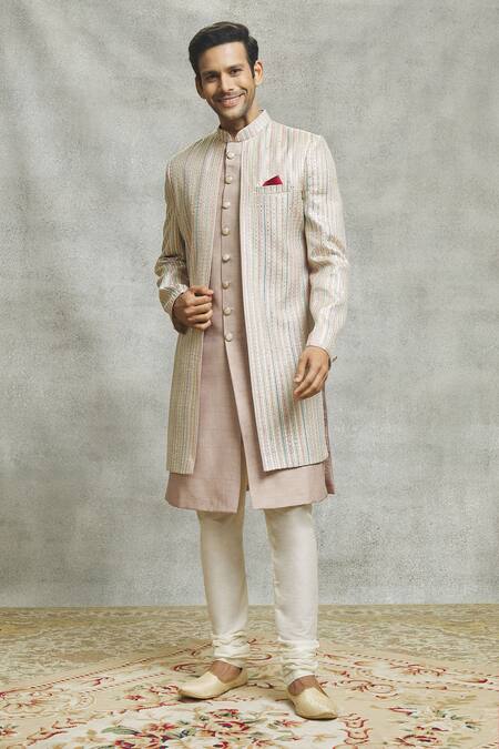Aariyana Couture_Beige Silk Sequins Vine Embroidered Layered Sherwani Set _Online_at_Aza_Fashions