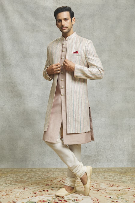 Buy_Aariyana Couture_Beige Silk Sequins Vine Embroidered Layered Sherwani Set _Online_at_Aza_Fashions