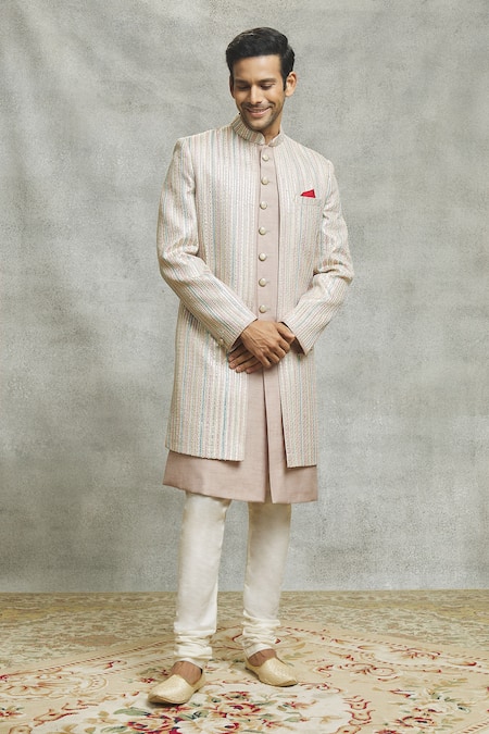 Shop_Aariyana Couture_Beige Silk Sequins Vine Embroidered Layered Sherwani Set _Online_at_Aza_Fashions