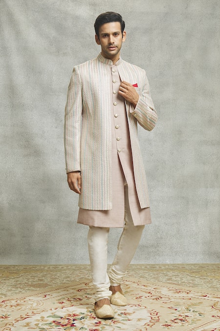 Aariyana Couture_Beige Silk Sequins Vine Embroidered Layered Sherwani Set _at_Aza_Fashions