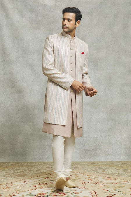 Buy_Aariyana Couture_Beige Silk Sequins Vine Embroidered Layered Sherwani Set 
