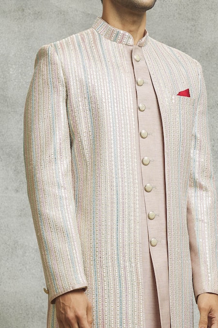 Shop_Aariyana Couture_Beige Silk Sequins Vine Embroidered Layered Sherwani Set 