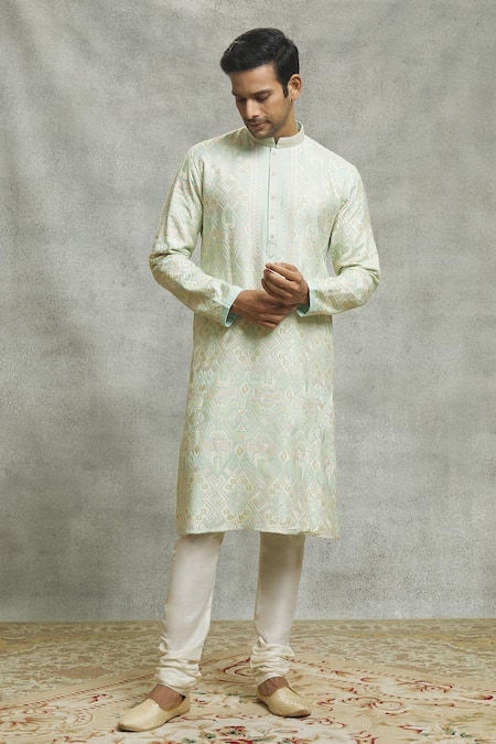 Aariyana Couture_Blue Silk, Cotton Embroidery Abstract Kurta Set _Online_at_Aza_Fashions