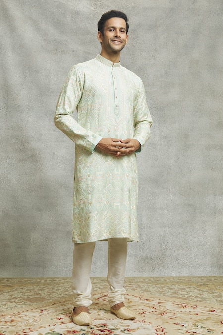 Shop_Aariyana Couture_Blue Silk, Cotton Embroidery Abstract Kurta Set _Online_at_Aza_Fashions