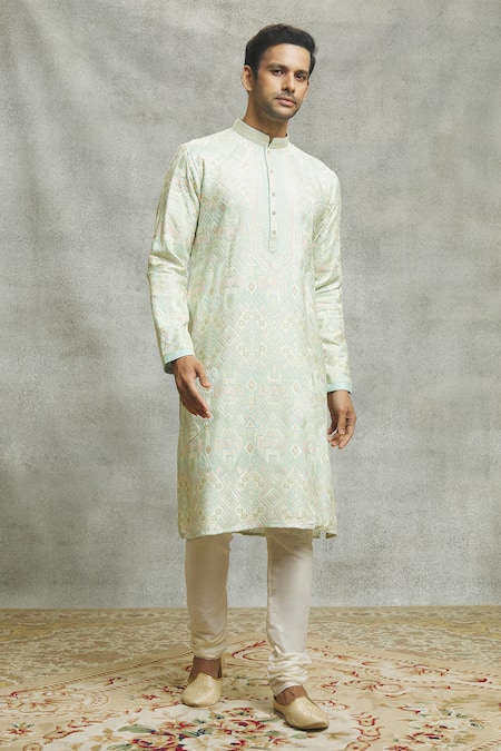 Buy_Aariyana Couture_Blue Silk, Cotton Embroidery Abstract Kurta Set 