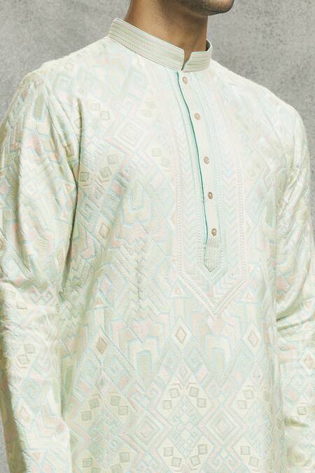 Shop_Aariyana Couture_Blue Silk, Cotton Embroidery Abstract Kurta Set 