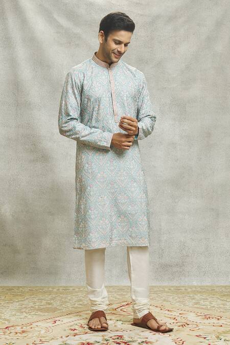 Aariyana Couture Sky Blue Silk, Cotton Embroidery Mughal Garden Kurta Set Online at Aza Fashions Aariyana Couture_Sky Blue Silk, Cotton Embroidery Mughal Garden Kurta Set_Online_at_Aza_Fashions