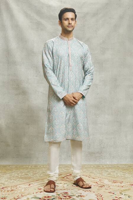 Shop Aariyana Couture Sky Blue Silk, Cotton Embroidery Mughal Garden Kurta Set Online at Aza Fashions Shop_Aariyana Couture_Sky Blue Silk, Cotton Embroidery Mughal Garden Kurta Set_Online_at_Aza_Fashions