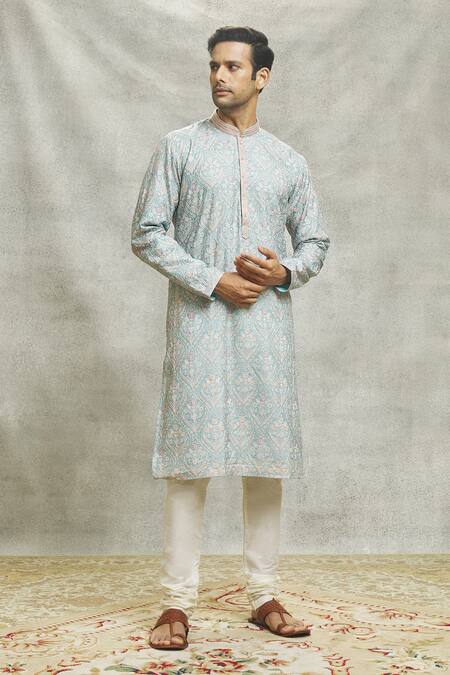 Aariyana Couture Sky Blue Silk, Cotton Embroidery Mughal Garden Kurta Set at Aza Fashions Aariyana Couture_Sky Blue Silk, Cotton Embroidery Mughal Garden Kurta Set_at_Aza_Fashions