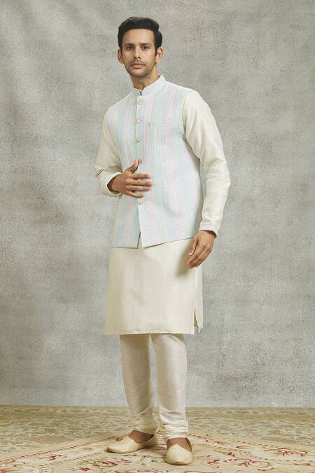 Shop_Aariyana Couture_Cream Silk Sequins, Embroidery Vine Bundi Kurta Set_Online_at_Aza_Fashions