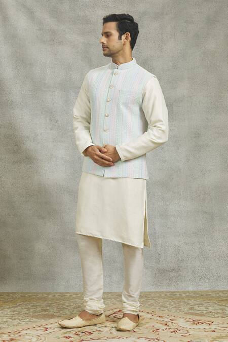 Aariyana Couture_Cream Silk Sequins, Embroidery Vine Bundi Kurta Set_at_Aza_Fashions