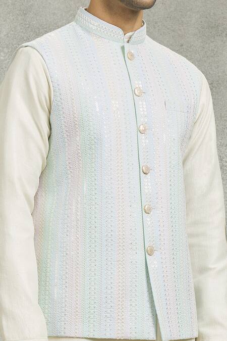 Shop_Aariyana Couture_Cream Silk Sequins, Embroidery Vine Bundi Kurta Set