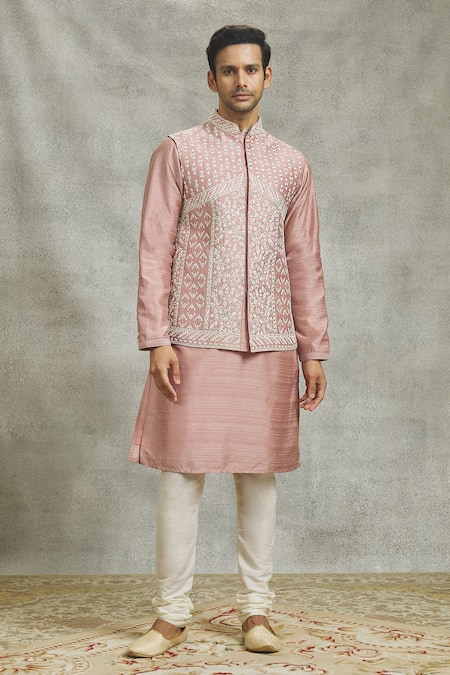 Shop Aariyana Couture Pink Silk Mirrors Flora Embroidered Bundi Kurta Set Online at Aza Fashions Shop_Aariyana Couture_Pink Silk Mirrors Flora Embroidered Bundi Kurta Set _Online_at_Aza_Fashions