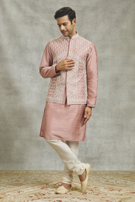 Aariyana Couture Pink Silk Mirrors Flora Embroidered Bundi Kurta Set at Aza Fashions Aariyana Couture_Pink Silk Mirrors Flora Embroidered Bundi Kurta Set _at_Aza_Fashions