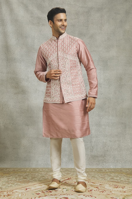 Shop Aariyana Couture Pink Silk Mirrors Flora Embroidered Bundi Kurta Set Shop_Aariyana Couture_Pink Silk Mirrors Flora Embroidered Bundi Kurta Set