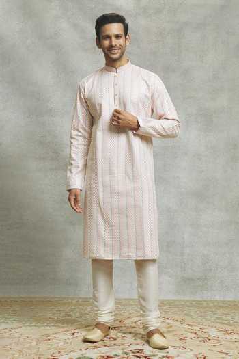 Aariyana Couture Off White Silk Embroidery Striped Bloom Kurta Set Online at Aza Fashions Aariyana Couture_Off White Silk Embroidery Striped Bloom Kurta Set _Online_at_Aza_Fashions