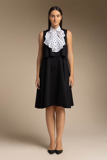 House Of Manaa_Black Cotton Round Neck Layered Dress With Printed Bow_Online_at_Aza_Fashions