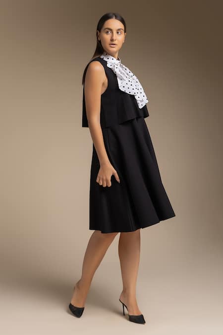 Buy_House Of Manaa_Black Cotton Round Neck Layered Dress With Printed Bow_Online_at_Aza_Fashions