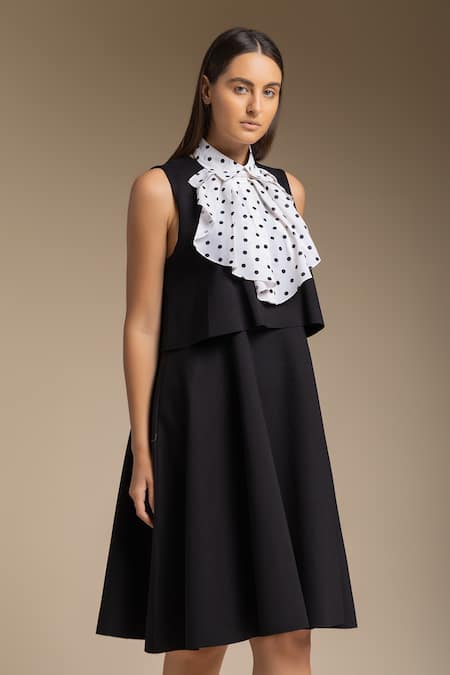 Shop_House Of Manaa_Black Cotton Round Neck Layered Dress With Printed Bow_Online_at_Aza_Fashions