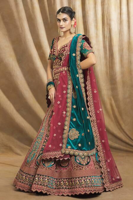 Buy_Samyukta Singhania_Green Velvet, Crepe, Linen Sequins, Mughal Bloom Bridal Lehenga Set_Online_at_Aza_Fashions