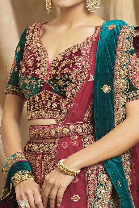 Shop_Samyukta Singhania_Green Velvet, Crepe, Linen Sequins, Mughal Bloom Bridal Lehenga Set_Online_at_Aza_Fashions