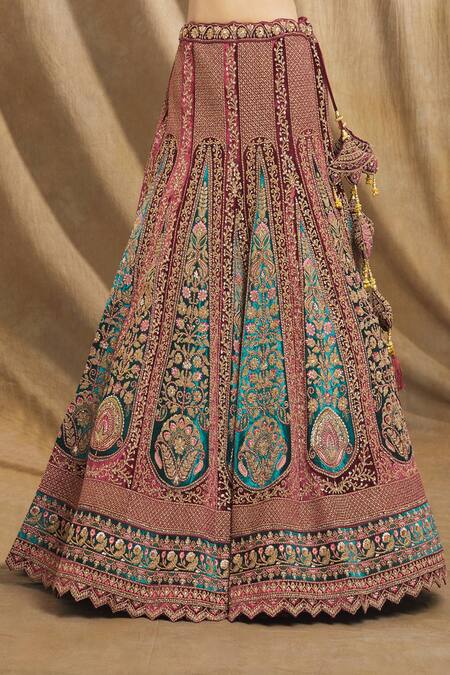 Samyukta Singhania_Green Velvet, Crepe, Linen Sequins, Mughal Bloom Bridal Lehenga Set_at_Aza_Fashions