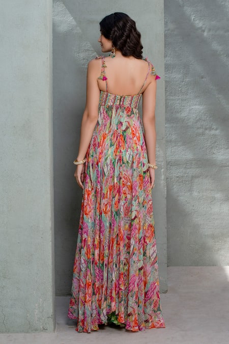 Shop_Rishi and Vibhuti_Multi Color Georgette, Crepe Botanical Blossom Print Slit Top With Flared Pant _at_Aza_Fashions