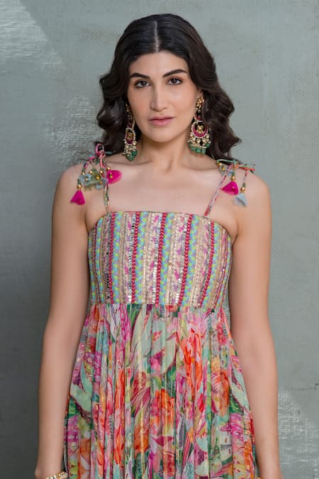Rishi and Vibhuti_Multi Color Georgette, Crepe Botanical Blossom Print Slit Top With Flared Pant _Online_at_Aza_Fashions