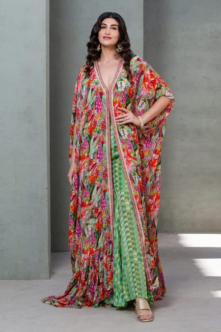 Rishi and Vibhuti Multi Color Georgette Embroidered Bouquet Bliss Printed Kaftan With Flared Pant 