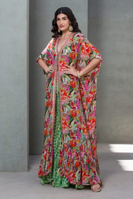 Rishi and Vibhuti_Multi Color Georgette, Crepe Bouquet Bliss Printed Kaftan With Flared Pant _Online_at_Aza_Fashions