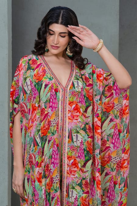 Buy_Rishi and Vibhuti_Multi Color Georgette, Crepe Bouquet Bliss Printed Kaftan With Flared Pant _Online_at_Aza_Fashions