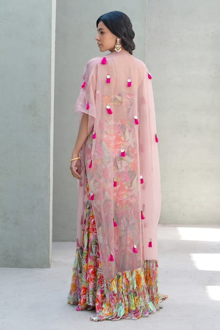 Rishi and Vibhuti Floral Sequin Cape Mermaid Skirt Set 