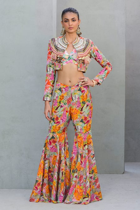 Rishi and Vibhuti Multi Color Crepe Embroidered Sequin Tropical Bloom Printed Flared Pant Set 