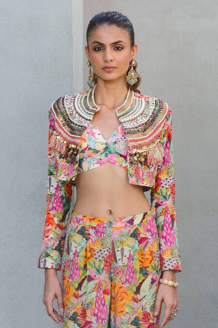 Rishi and Vibhuti Multi Color Crepe Sequins, Pearls Tropical Bloom Printed Jacket Flared Pant Set Online at Aza Fashions Rishi and Vibhuti_Multi Color Crepe Sequins, Pearls Tropical Bloom Printed Jacket Flared Pant Set _Online_at_Aza_Fashions