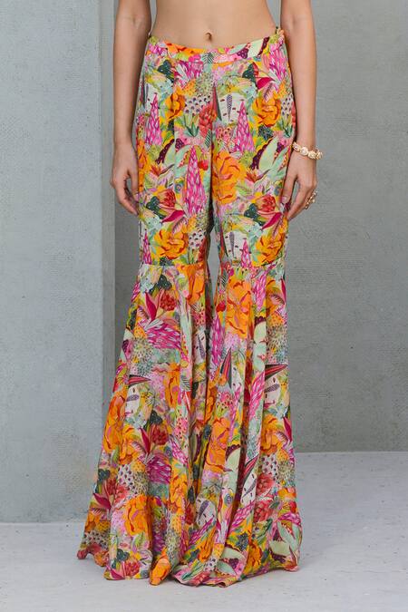Buy Rishi and Vibhuti Multi Color Crepe Sequins, Pearls Tropical Bloom Printed Jacket Flared Pant Set Online at Aza Fashions Buy_Rishi and Vibhuti_Multi Color Crepe Sequins, Pearls Tropical Bloom Printed Jacket Flared Pant Set _Online_at_Aza_Fashions