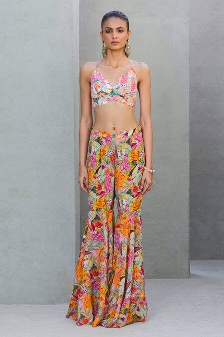 Shop Rishi and Vibhuti Multi Color Crepe Sequins, Pearls Tropical Bloom Printed Jacket Flared Pant Set Online at Aza Fashions Shop_Rishi and Vibhuti_Multi Color Crepe Sequins, Pearls Tropical Bloom Printed Jacket Flared Pant Set _Online_at_Aza_Fashions