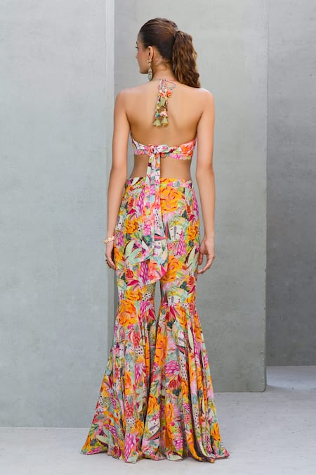 Rishi and Vibhuti Multi Color Crepe Sequins, Pearls Tropical Bloom Printed Jacket Flared Pant Set at Aza Fashions Rishi and Vibhuti_Multi Color Crepe Sequins, Pearls Tropical Bloom Printed Jacket Flared Pant Set _at_Aza_Fashions