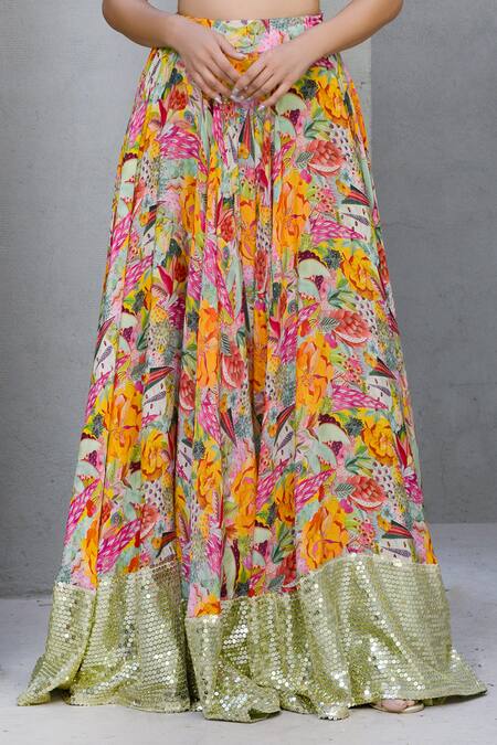 Rishi and Vibhuti Multi Color Crepe Floral Tapestry Printed Lehenga With Embellished Blouse Online at Aza Fashions Rishi and Vibhuti_Multi Color Crepe Floral Tapestry Printed Lehenga With Embellished Blouse _Online_at_Aza_Fashions