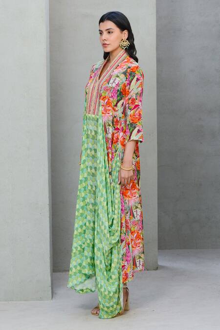 Rishi and Vibhuti_Multi Color Crepe Embroidery, Mirrors, Sequins Springtime Floral Printed Kaftan _Online_at_Aza_Fashions