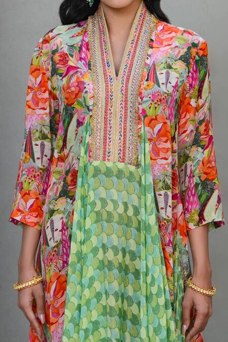 Buy_Rishi and Vibhuti_Multi Color Crepe Embroidery, Mirrors, Sequins Springtime Floral Printed Kaftan _Online_at_Aza_Fashions