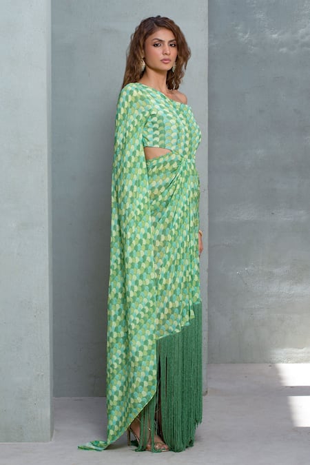 Rishi and Vibhuti_Green Crepe Tassels One Shoulder Pixie Leaflet Cut-out Dress _Online_at_Aza_Fashions