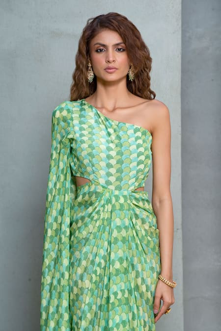 Buy_Rishi and Vibhuti_Green Crepe Tassels One Shoulder Pixie Leaflet Cut-out Dress _Online_at_Aza_Fashions