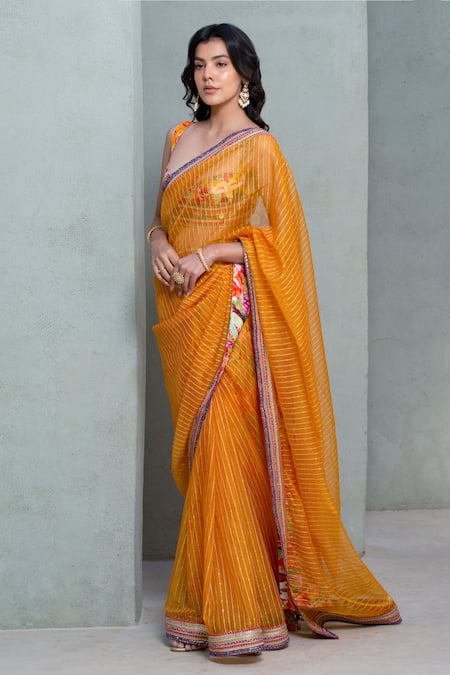 Buy_Rishi and Vibhuti_Yellow Organza Sequins Sunflower Splash Embroidered Saree _Online_at_Aza_Fashions