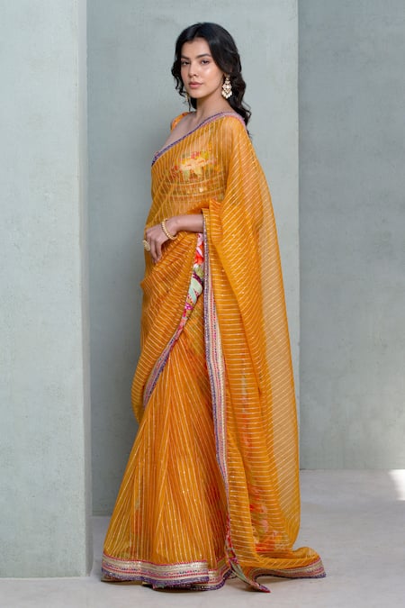 Shop_Rishi and Vibhuti_Yellow Organza Sequins Sunflower Splash Embroidered Saree _Online_at_Aza_Fashions