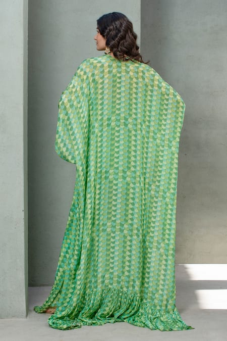 Shop_Rishi and Vibhuti_Green Crepe Sequins V-neck, Open Tropical Boho Scallop Print Cape Flare Pant Set _at_Aza_Fashions