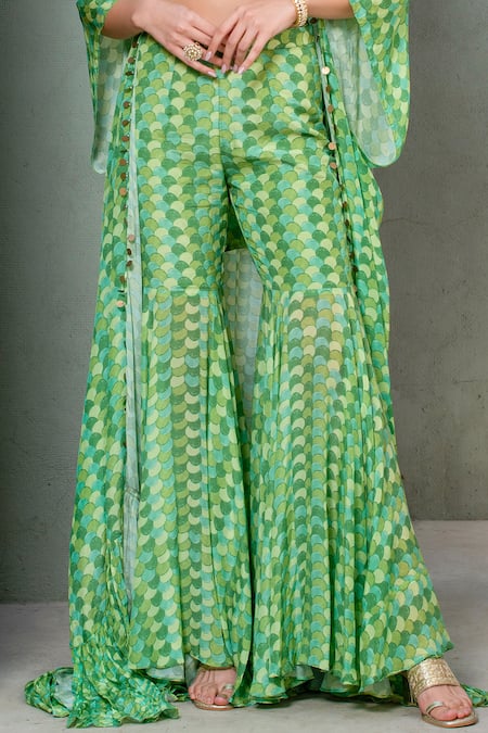 Rishi and Vibhuti Green Crepe Sequins V-neck, Open Tropical Boho Scallop Print Cape Flare Pant Set Online at Aza Fashions Rishi and Vibhuti_Green Crepe Sequins V-neck, Open Tropical Boho Scallop Print Cape Flare Pant Set _Online_at_Aza_Fashions