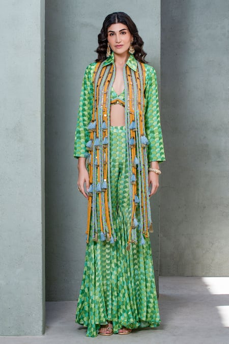 Shop_Rishi and Vibhuti_Green Crepe Sequins, Embroidery Rv Signature Embellished Jacket Flared Pant Set _at_Aza_Fashions