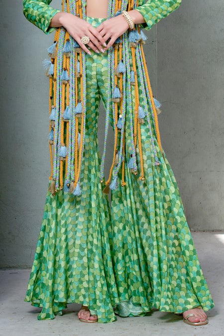 Rishi and Vibhuti Green Crepe Sequins, Embroidery Rv Signature Embellished Jacket Flared Pant Set Online at Aza Fashions Rishi and Vibhuti_Green Crepe Sequins, Embroidery Rv Signature Embellished Jacket Flared Pant Set _Online_at_Aza_Fashions